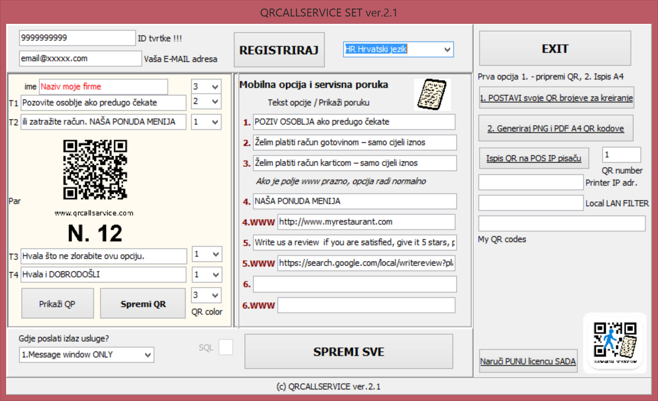 Postavke aplikacije QRCallService