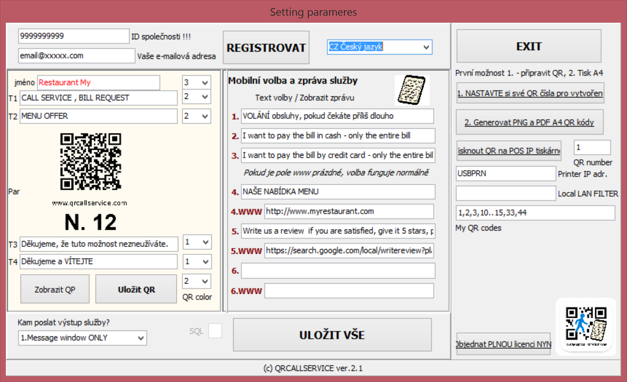 Nastavení aplikace QRCallService