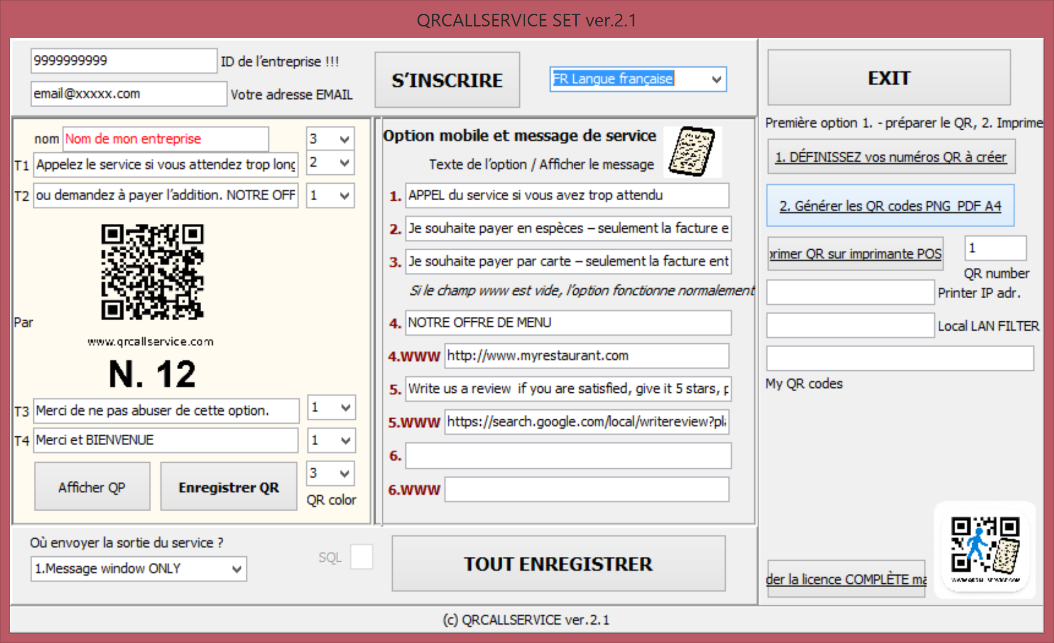 Configuration de l'application QRCallService